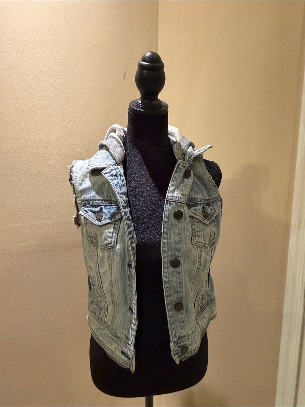 American Eagle Outfitters Light Wash Denim Vest with Heather Gray Hood